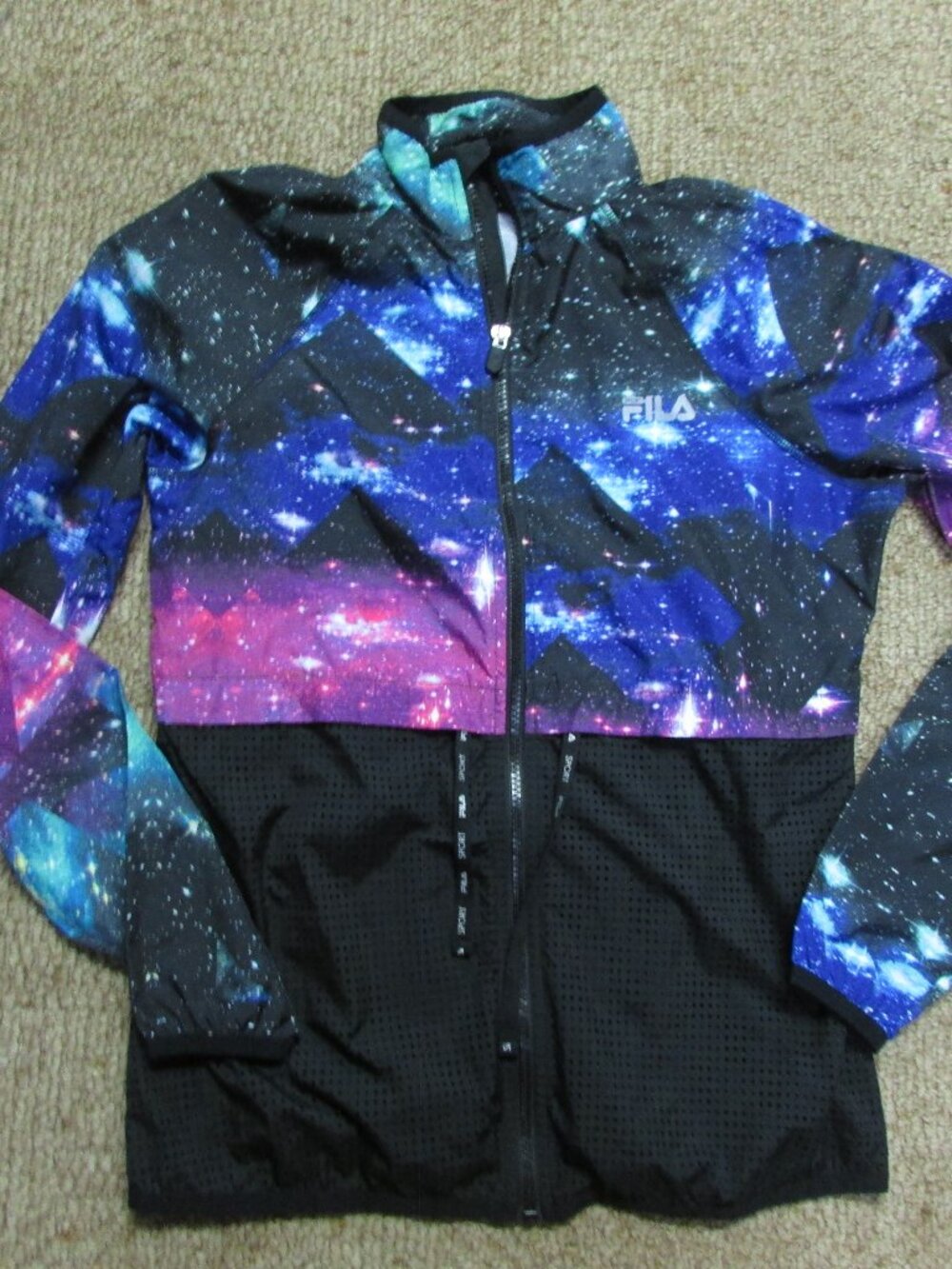 NWOT Fila XS Black Mesh Blue Purple Windbreaker Zip Running Jacket Lightweight